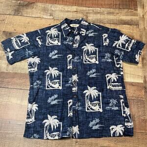 Paradise Bay | Men's Navy Tan Palm Tree Tropical Short Sleeve Button Down Sz M